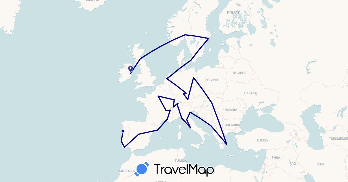 TravelMap itinerary: driving in Switzerland, Germany, Denmark, Spain, France, United Kingdom, Greece, Hungary, Ireland, Italy, Montenegro, Netherlands, Norway, Portugal, Sweden, Vatican City (Europe)